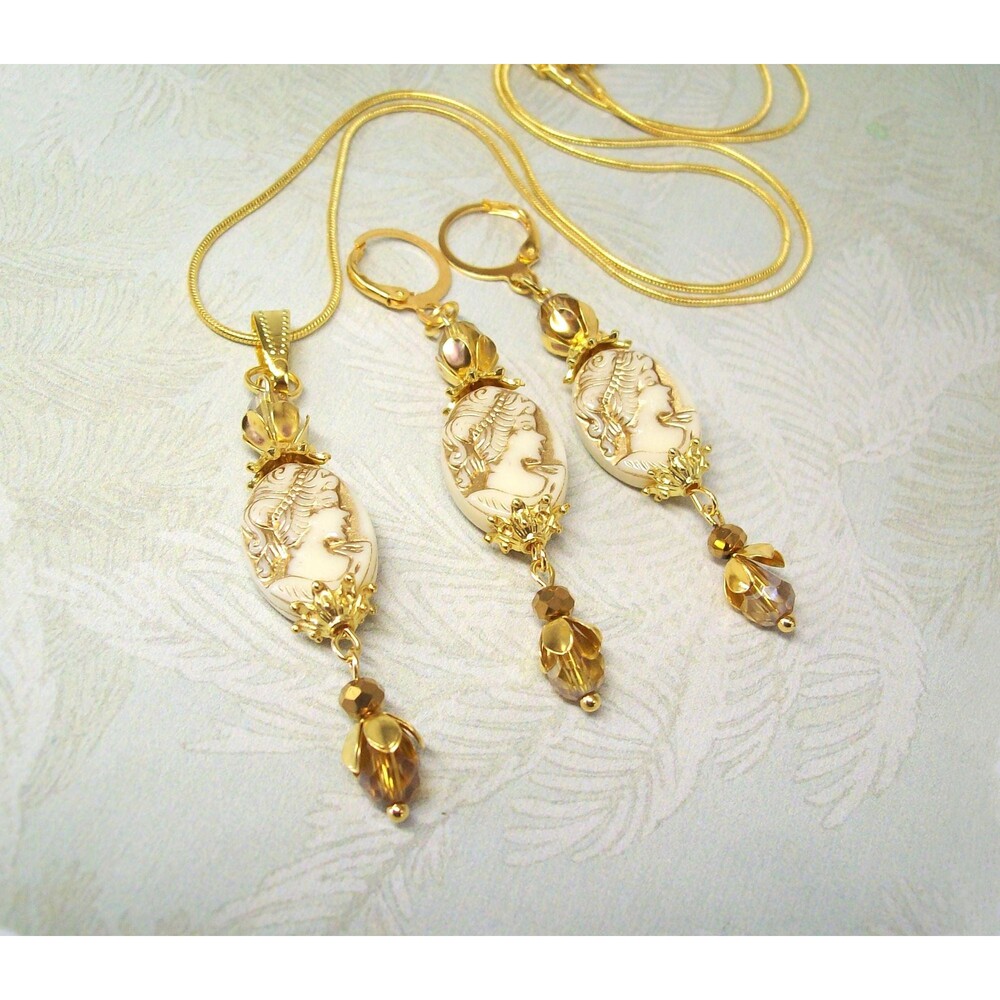Vintage Style Art Nouveau Jewelry Set, Ivory & Gold, Artisan Crafted, Gifts for